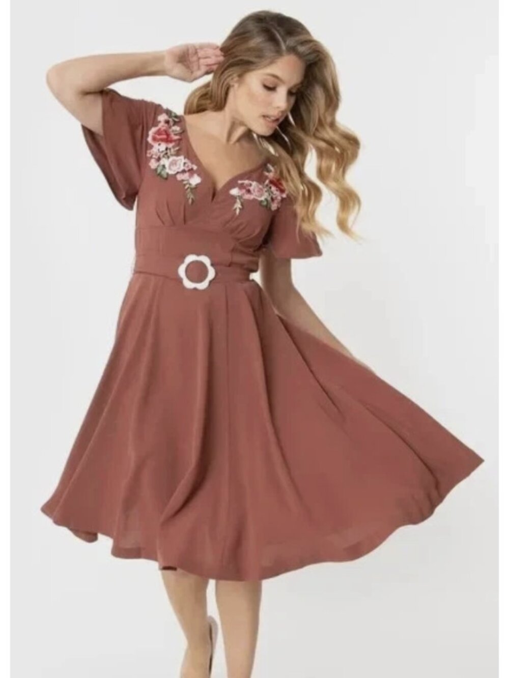 UNIQUE VINTAGE Kay Floral Swing Dress XL Mauve Taupe Retro Rockabilly 1950 Pinup
